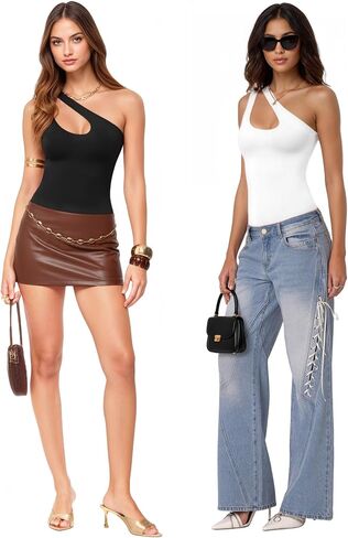 Women Sexy One Shoulder Thong Bodysuit Sleeveless V Backless Body Suit Cutout Going Out Tank Tops Summer Top 2026 in Saudi Arabia