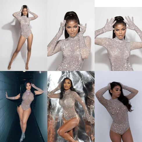 Women Full Rhinestone Long Sleeve Bodysuit with Golves Stretchy Crystal Club Party Clubwear for Stage Performance in Saudi Arabia