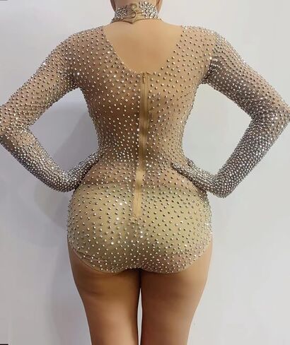 Women Full Rhinestone Long Sleeve Bodysuit with Golves Stretchy Crystal Club Party Clubwear for Stage Performance in Saudi Arabia