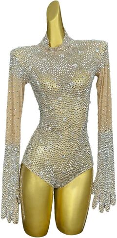 Women Full Rhinestone Long Sleeve Bodysuit with Golves Stretchy Crystal Club Party Clubwear for Stage Performance in Saudi Arabia