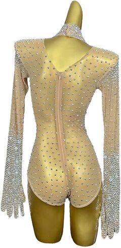 Women Full Rhinestone Long Sleeve Bodysuit with Golves Stretchy Crystal Club Party Clubwear for Stage Performance in Saudi Arabia