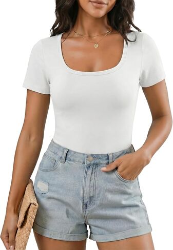 Women Scoop Neck Short Sleeve Thong Bodysuit Basic Body Suit Summer Top Fashion Outfits 2026 in Saudi Arabia