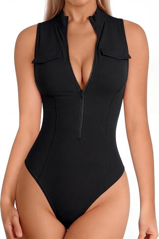 YMDUCH Women's Sexy Sleeveless High Neck Zip Up Slim Fit One Piece Bodysuit Top in Kuwait