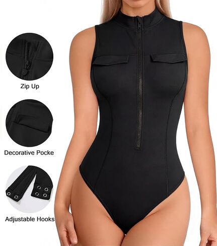 YMDUCH Women's Sexy Sleeveless High Neck Zip Up Slim Fit One Piece Bodysuit Top in Kuwait