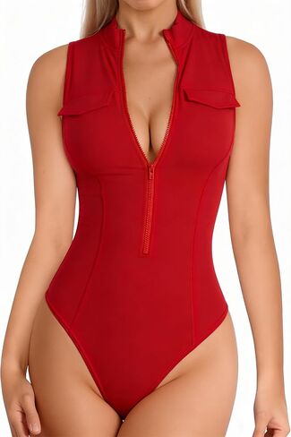 YMDUCH Women's Sexy Sleeveless High Neck Zip Up Slim Fit One Piece Bodysuit Top in Kuwait