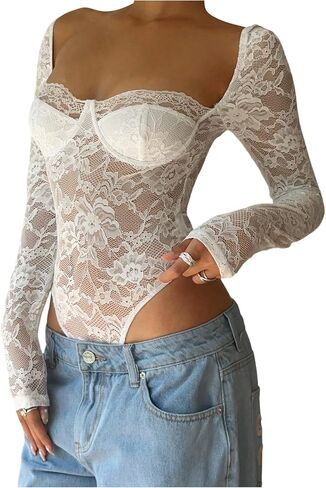 OYOANGLE Women's Lace Sheer Sweetheart Neck Bodysuit Long Sleeve Party Club Tummy Control Body Suits in Kuwait