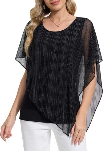 BAISHENGGT Womens Lightweight Mesh Double-Layered Blouses Asymmetrical Flowy Poncho Going Out Tops Shirts in Saudi Arabia