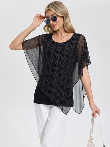 BAISHENGGT Womens Lightweight Mesh Double-Layered Blouses Asymmetrical Flowy Poncho Going Out Tops Shirts in Saudi Arabia