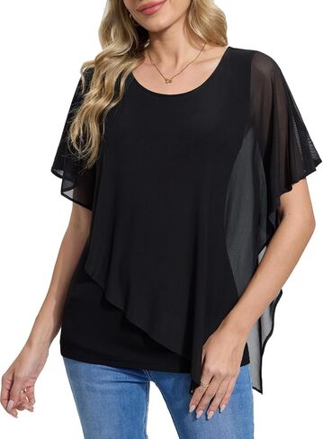 BAISHENGGT Womens Lightweight Mesh Double-Layered Blouses Asymmetrical Flowy Poncho Going Out Tops Shirts in Kuwait