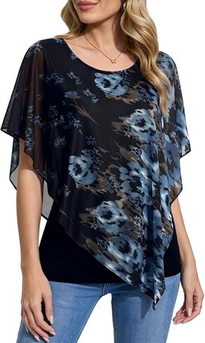 BAISHENGGT Womens Lightweight Mesh Double-Layered Blouses Asymmetrical Flowy Poncho Going Out Tops Shirts in Saudi Arabia