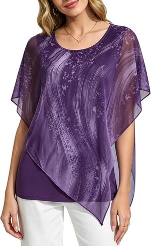 BAISHENGGT Womens Lightweight Mesh Double-Layered Blouses Asymmetrical Flowy Poncho Going Out Tops Shirts in Saudi Arabia