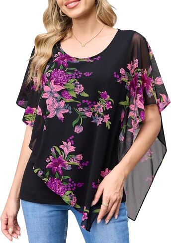 BAISHENGGT Womens Lightweight Mesh Double-Layered Blouses Asymmetrical Flowy Poncho Going Out Tops Shirts in Saudi Arabia
