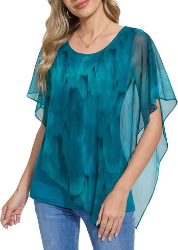 BAISHENGGT Womens Lightweight Mesh Double-Layered Blouses Asymmetrical Flowy Poncho Going Out Tops Shirts in Saudi Arabia