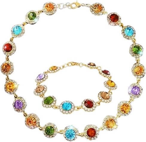 Magitaco Colorful Rhinestone Jewelry Set, Multi Color Crystal Bracelet for Women, Stackable Gemstone Choker Necklace for Beach Prom in Saudi Arabia