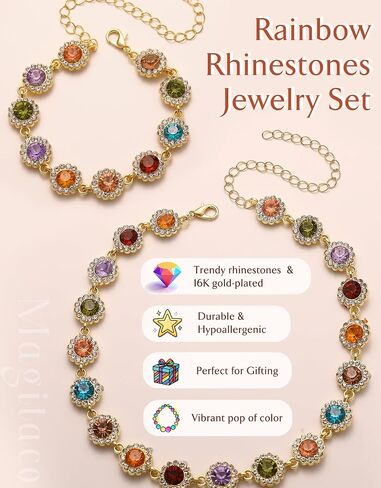 Magitaco Colorful Rhinestone Jewelry Set, Multi Color Crystal Bracelet for Women, Stackable Gemstone Choker Necklace for Beach Prom in Saudi Arabia