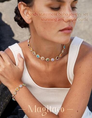 Magitaco Colorful Rhinestone Jewelry Set, Multi Color Crystal Bracelet for Women, Stackable Gemstone Choker Necklace for Beach Prom in Saudi Arabia