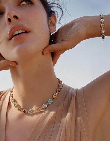 Magitaco Colorful Rhinestone Jewelry Set, Multi Color Crystal Bracelet for Women, Stackable Gemstone Choker Necklace for Beach Prom in Saudi Arabia
