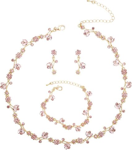 Elegant Brides Austrian Crystal Flower Choker Necklace Drop Dangle Earring Bracelet Wedding Jewelry Set for Bridesmaid Prom Costume Jewelry Set for Women in Saudi Arabia