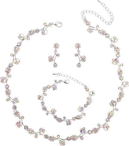 Elegant Brides Austrian Crystal Flower Choker Necklace Drop Dangle Earring Bracelet Wedding Jewelry Set for Bridesmaid Prom Costume Jewelry Set for Women in Saudi Arabia