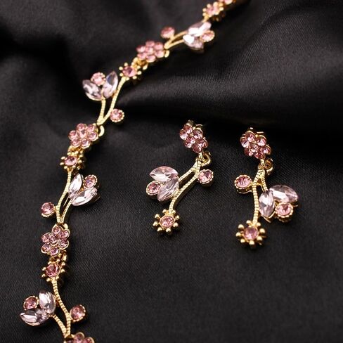 Elegant Brides Austrian Crystal Flower Choker Necklace Drop Dangle Earring Bracelet Wedding Jewelry Set for Bridesmaid Prom Costume Jewelry Set for Women in Saudi Arabia