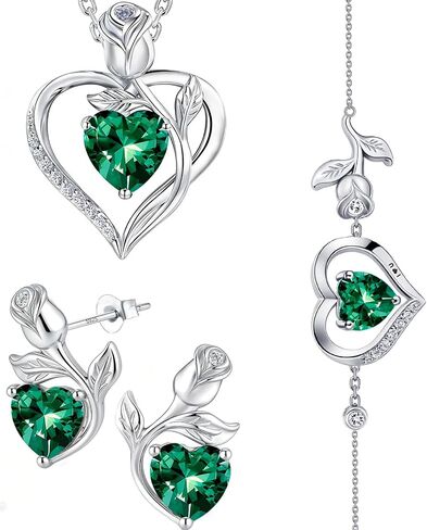 Rose Heart Necklace Earrings Bracelet Set Moissanite/Lab-Grown Sapphire/Ruby Options S925 Silver Plated 18K White Gold Engraved I LOVE YOU Ideal for Mother's Day Proposal Gift for Girlfriend Wife (Necklace 1.2CT / Earrings 0.8CT) in Saudi Arabia
