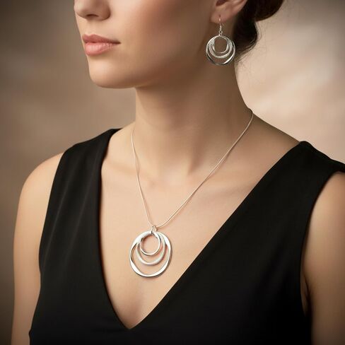 Silver Jewelry Sets for Women - Geometric Circle Hoop Earrings And Necklace Set 3 Circles Drop Dangle Earrings And Necklace in Kuwait