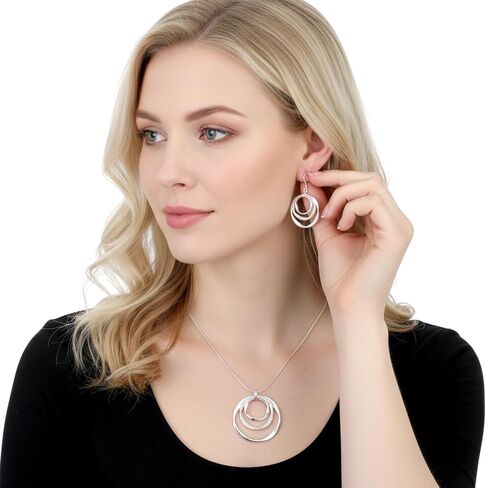 Silver Jewelry Sets for Women - Geometric Circle Hoop Earrings And Necklace Set 3 Circles Drop Dangle Earrings And Necklace in Kuwait