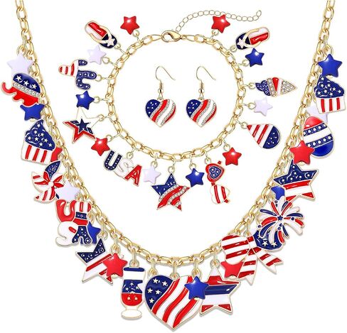 4th of July Earrings Necklace Bracelet American Flag Star USA Heart Icream Butterfly Charm Necklace Bracelet Fourth of July America Patriotic Jewelry Set for Women (4thof July jewelry A set) in Kuwait