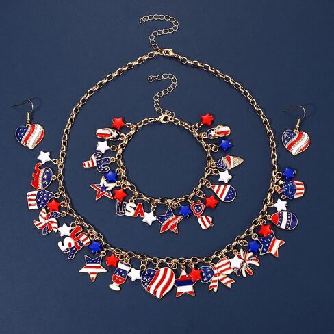 4th of July Earrings Necklace Bracelet American Flag Star USA Heart Icream Butterfly Charm Necklace Bracelet Fourth of July America Patriotic Jewelry Set for Women (4thof July jewelry A set) in Kuwait