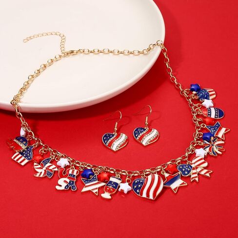 4th of July Earrings Necklace Bracelet American Flag Star USA Heart Icream Butterfly Charm Necklace Bracelet Fourth of July America Patriotic Jewelry Set for Women (4thof July jewelry A set) in Kuwait