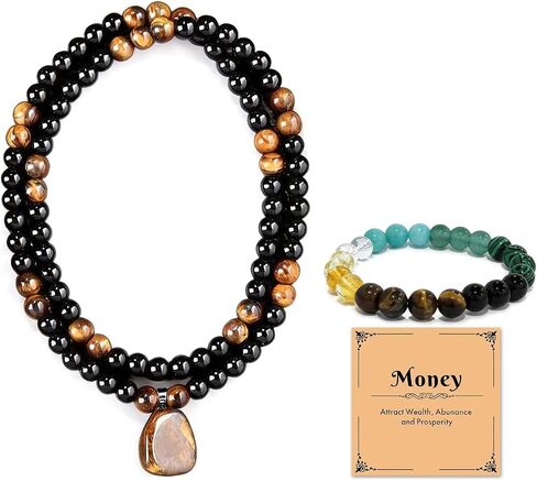 Money Bracelets Necklace Jewelry Set for Women Men Jade Crystal Tiger Eye Obsidian Beaded Necklace Feng Shui Good Luck Money Bracelet Wealth Attraction Accessories Outfits Protection Jewelry Gifts in Saudi Arabia