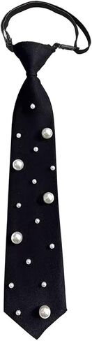 Stylish Pre Tied Necktie With Pearls Embellished For Women Polyester Without Tie Knotting Needed Formal Or Casual Wear Black in Saudi Arabia