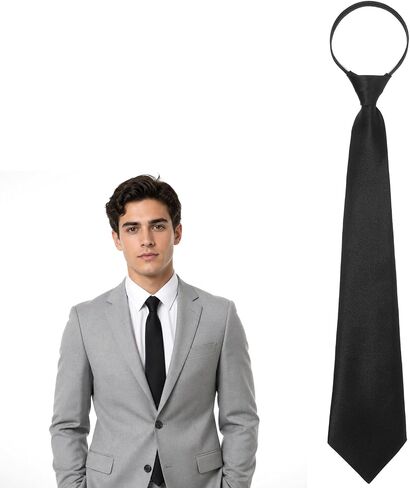 Styquenzer Black Zipper Tie for Men, Pre-Tied Adjustable Necktie Plain Formal Business Wedding Black Ties for Formal Business, Wedding, And School Uniforms (16 Inch) in Kuwait