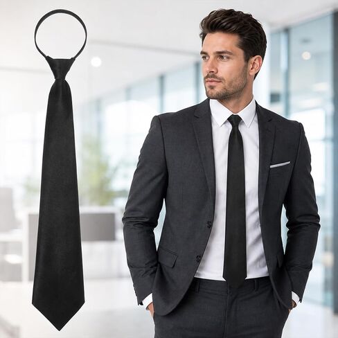 Styquenzer Black Zipper Tie for Men, Pre-Tied Adjustable Necktie Plain Formal Business Wedding Black Ties for Formal Business, Wedding, And School Uniforms (16 Inch) in Kuwait