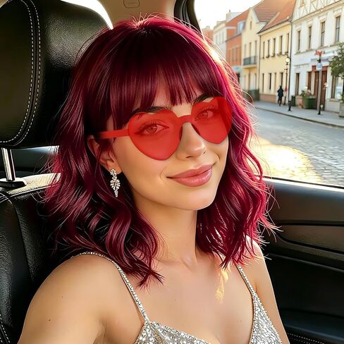 MEEZY Blue Wavy Curly Bob Wig with Bangs Heart Sunglasses for Women, Neon Colored Funny Hair Synthetic Wigs Costume Fun Hairpiece with Hair Cap for Cosplay Bachelorette Party Music Festival in Saudi Arabia