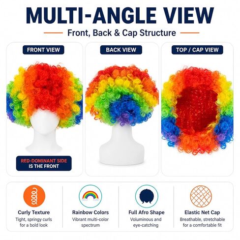 RAINFLOW Colored Clown Wig - Curly Afro Wig for Halloween, Parties, Cosplay, Carnival & Funny Costume, Universal Size, Lightweight, Comfortable, Eye-Catching Rainbow Design for Adults, Men & Women in Kuwait