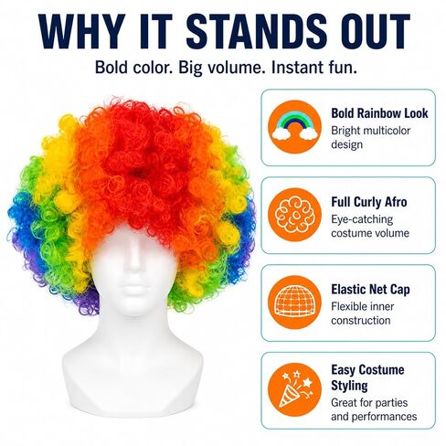 RAINFLOW Colored Clown Wig - Curly Afro Wig for Halloween, Parties, Cosplay, Carnival & Funny Costume, Universal Size, Lightweight, Comfortable, Eye-Catching Rainbow Design for Adults, Men & Women in Kuwait