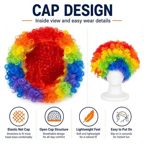 RAINFLOW Colored Clown Wig - Curly Afro Wig for Halloween, Parties, Cosplay, Carnival & Funny Costume, Universal Size, Lightweight, Comfortable, Eye-Catching Rainbow Design for Adults, Men & Women in Kuwait