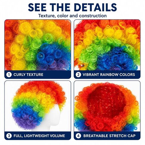 RAINFLOW Colored Clown Wig - Curly Afro Wig for Halloween, Parties, Cosplay, Carnival & Funny Costume, Universal Size, Lightweight, Comfortable, Eye-Catching Rainbow Design for Adults, Men & Women in Kuwait