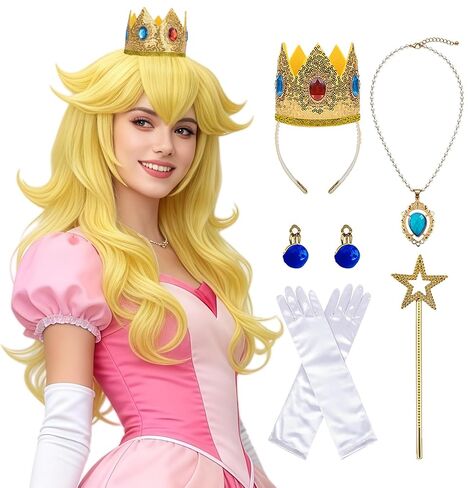 KEAT 7pcs Adults Women Golden Blonde Peach Princess Costume Wig with Accessories Crown Wand Earrings Gloves Necklace Wig Cap for Halloween Cosplay Anime Party - Pre-cut Bangs &Long Wavy Soft Hair K035 in Kuwait