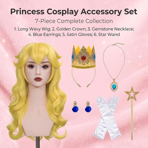 KEAT 7pcs Adults Women Golden Blonde Peach Princess Costume Wig with Accessories Crown Wand Earrings Gloves Necklace Wig Cap for Halloween Cosplay Anime Party - Pre-cut Bangs &Long Wavy Soft Hair K035 in Kuwait