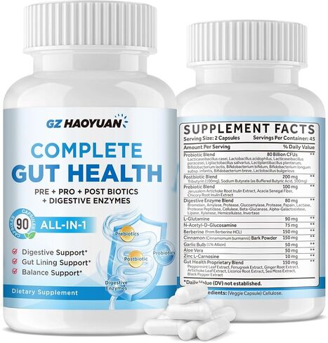 All-in-1 Gut Health with Probiotics, Prebiotics, Postbiotics & Digestive Enzymes for Women & Men, Complete Gut Health & Digestive Support Supplement, Immune Health Support, 90 Capsules in Kuwait