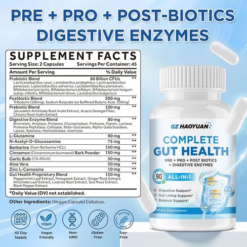 All-in-1 Gut Health with Probiotics, Prebiotics, Postbiotics & Digestive Enzymes for Women & Men, Complete Gut Health & Digestive Support Supplement, Immune Health Support, 90 Capsules in Kuwait