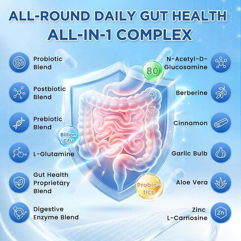 All-in-1 Gut Health with Probiotics, Prebiotics, Postbiotics & Digestive Enzymes for Women & Men, Complete Gut Health & Digestive Support Supplement, Immune Health Support, 90 Capsules in Kuwait