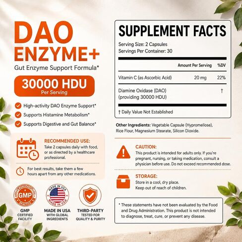 DAO Enzyme + Histamine Blocker - Triple-Strength 30,000 HDU Formula - DAO Enzyme Supplements with Vitamin C - Histamine Intolerance Digestive Support - 60 Capsules in Saudi Arabia