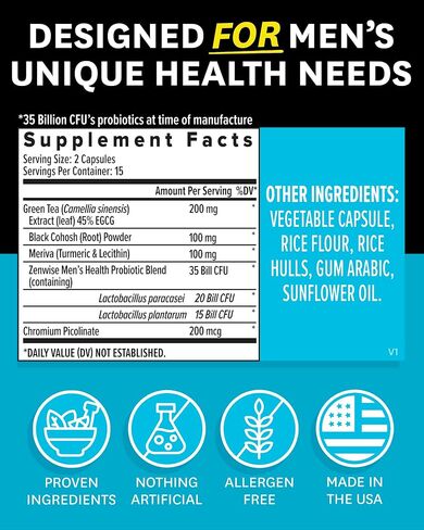 Zenwise Health Probiotics for Men - 35 Billion CFUs Daily Probiotic for Men's Digestive Health - Green Tea Extract, Meriva, and Chromium Picolinate for Microbiome Balance + Antioxidant Support - 30 CT in Saudi Arabia