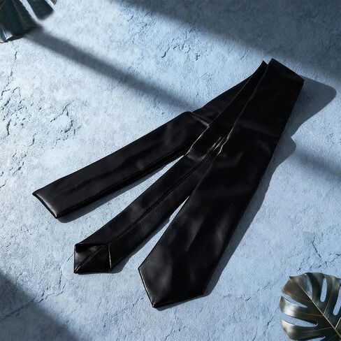 Black Men's PU Leather Skinny Tie Soft Tie Skinny Black Narrow Necktie Slim Long Punk Vintage Adjustable Neck Tie for Suit Coat Dress Work Weddings Formal Wear DIY Groom Decoration in Kuwait