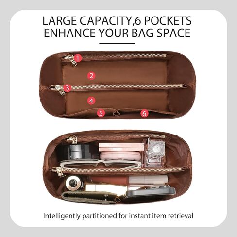 Lightweight Purse Organizer Insert for Loewe Small Puzzle Bag, Custom Fit Waterproof Dupont Paper Exterior & Nylon Lining, 6 Pockets with Middle & Side YKK Zip Compartments,Brown&White in Saudi Arabia
