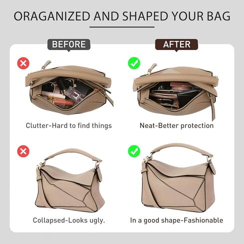 Lightweight Purse Organizer Insert for Loewe Small Puzzle Bag, Custom Fit Waterproof Dupont Paper Exterior & Nylon Lining, 6 Pockets with Middle & Side YKK Zip Compartments,Brown&White in Saudi Arabia