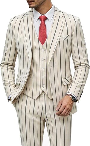 MOGU 3 Piece Pinstripe Suit for Men Slim Fit Stripe Tuxedo Single Breasted Dress Set for Business Wedding Party in Kuwait